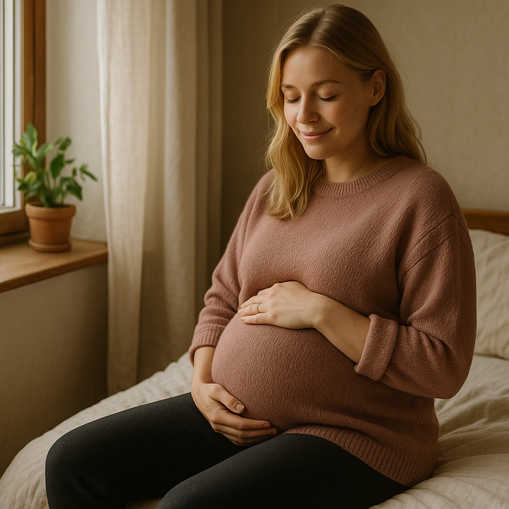 Gravid kvinde sidder roligt og smiler – urininkontinens under graviditet er normalt
