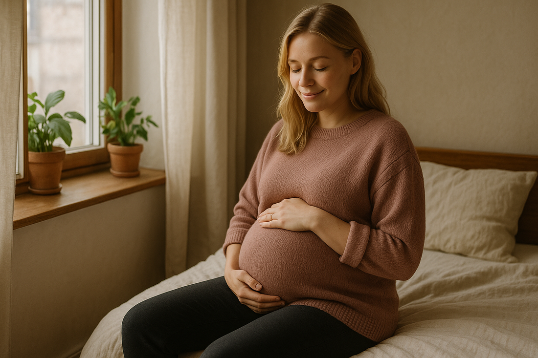 Gravid kvinde sidder roligt og smiler – urininkontinens under graviditet er normalt