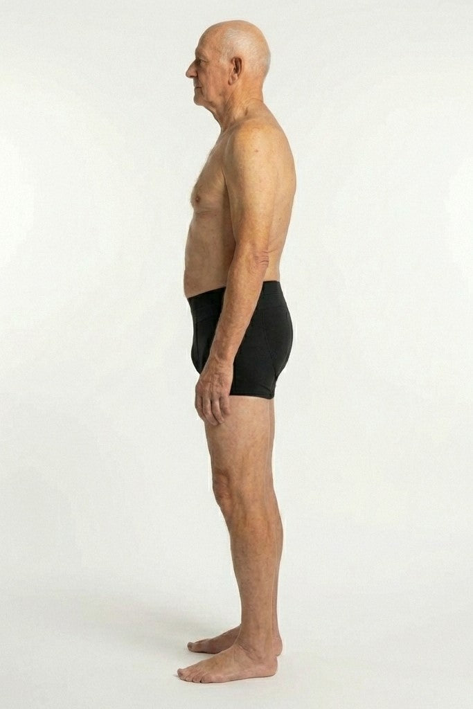 444 Studios Invictus inkontinens underbukser til mænd på model, boxers, 200 ml, sort, dobbelt elastik, side, arm ned