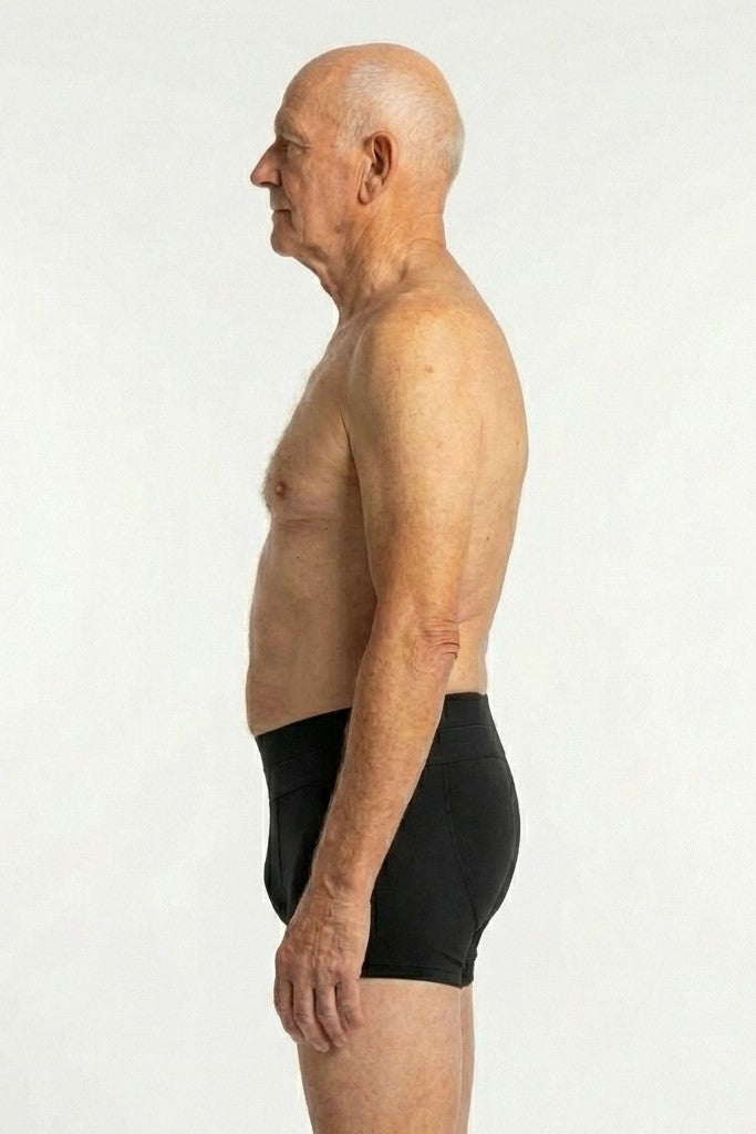 444 Studios Invictus inkontinens underbukser til mænd på model, boxers, 200 ml, sort, dobbelt elastik, side, tæt på